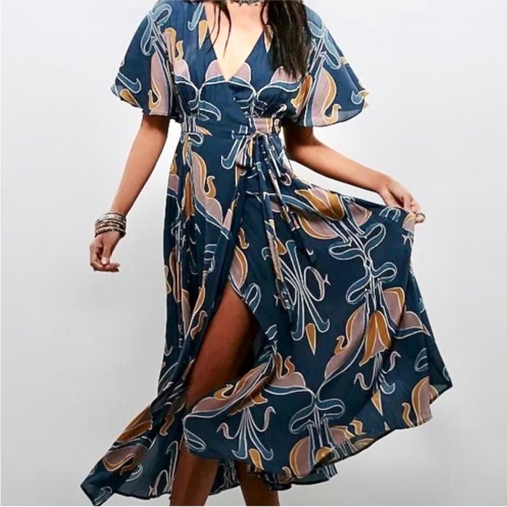 Free People Sweet Escape Floral Blue Wrap Maxi Dress Boho